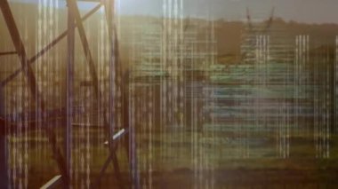 Elektrik direkleri üzerinde veri işleme animasyonu. küresel elektrik, enerji ve veri işleme kavramı dijital olarak oluşturulmuş video.