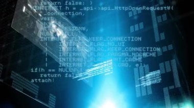 Ekranlarda veri işleme animasyonu. küresel veri işleme ve dijital arayüz konsepti dijital olarak oluşturulmuş video.