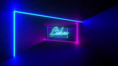 Siyah arkaplanda hareket eden renkli neon ışınları olan mavi neonlu paylaşım metninin canlandırması. Sosyal medya ve iletişim konsepti dijital olarak oluşturulmuş video.