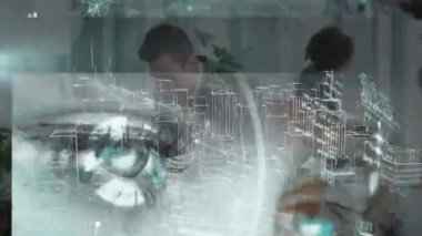 Veri işleme ve iş adamlarının 3 boyutlu şehir manzarası çiziminin animasyonu. küresel veri işleme, dijital arayüz ve dijital olarak oluşturulmuş video konsepti.