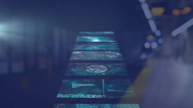Trenin üzerindeki ekranlarda veri işleme animasyonu. küresel iş, seyahat ve üretkenlik kavramı dijital olarak oluşturulmuş video.