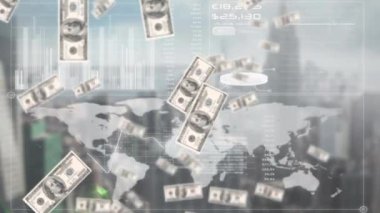Dünya haritasının, istatistiklerin ve veri işlemenin üzerine düşen Amerikan doları banknotlarının animasyonu. küresel finans, işletme, veri işleme ve dijital arayüz kavramı dijital olarak oluşturulmuş video.
