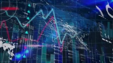 Dünya haritası üzerinde istatistik ve veri işleme animasyonları. küresel iş, veri işleme, dijital arayüz ve bağlantılar konsepti dijital olarak oluşturulmuş video.