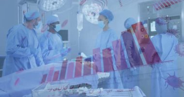 Ameliyathanedeki cerrahlarla ilgili covid 19 hücre ve istatistik animasyonu. küresel covid 19 salgın hastalık ve sağlık hizmetleri konsepti dijital olarak oluşturulmuş video.