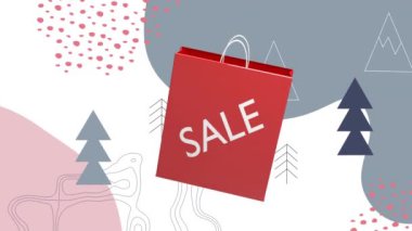 Kırmızı alışveriş torbasında Noel ağacı ikonlarına ve beyaz arka planda topoğrafyaya karşı indirim metni. Noel indirimi ve şenlik kutlaması konsepti