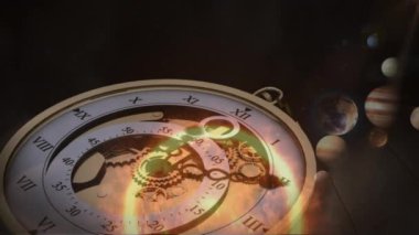 Güneş sistemlerinin, gezegenlerin ve uzayın antika saat üzerindeki animasyonu. küresel alan, çevre ve zaman kavramı dijital olarak oluşturulmuş video.