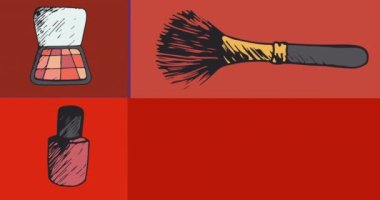 Makyaj ürünlerinin kırmızı dikdörtgenler üzerinde fotokopi alanı, mor zemin üzerinde animasyonu. moda, sosyal ağ ve dijital arayüz konsepti dijital olarak oluşturulmuş video.