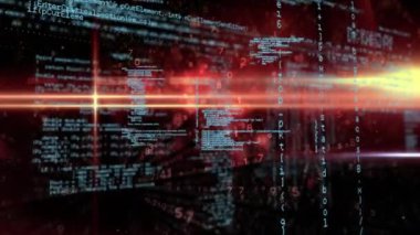 Parlayan turuncu ışıklar üzerinde dijital veri işleme animasyonu. küresel veri işleme ve dijital arayüz konsepti dijital olarak oluşturulmuş video.