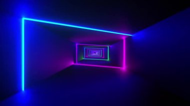 Siyah arkaplan üzerinde hareket eden renkli neon ışıklarının dikdörtgenler oluşturması. renk ve ışık kavramı dijital olarak oluşturulmuş video.