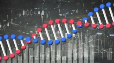 Kentin üzerinde DNA iplikçiklerinin dönmesi, istatistik ve veri işleme animasyonları. küresel bilim, araştırma, bağlantılar ve dijital olarak oluşturulan veri işleme konsepti.
