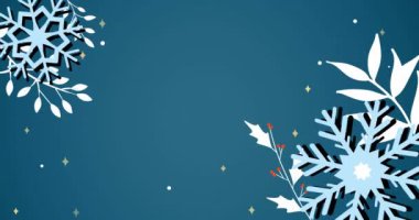 Fotokopi alanı ve mavi arkaplana kar yağan Noel süslerinin animasyonu. Noel, gelenek ve kutlama konsepti dijital olarak oluşturuldu.