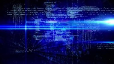 Parlak mavi ışıklar üzerinde dijital veri işleme animasyonu. küresel veri işleme ve dijital arayüz konsepti dijital olarak oluşturulmuş video.