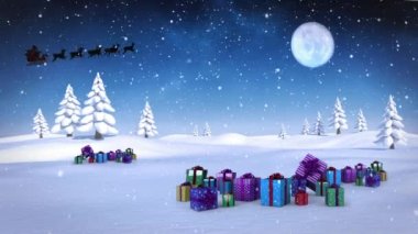 Noel Baba 'nın kızak içindeki animasyonu kış manzarası boyunca ren geyikleriyle kar yağarken. Noel, gelenek ve kutlama konsepti dijital olarak oluşturuldu.