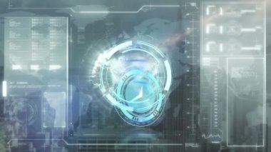 Ekranda dünya ve veri işleme ile tarama alanının üzerindeki saatin animasyonu. küresel iş, veri işleme ve dijital arayüz kavramı dijital olarak oluşturulmuş video.