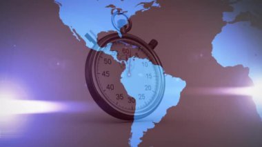 Parlayan ışıklar ve kronometreyle dünya haritasının animasyonu. küresel iş ve üretkenlik kavramı dijital olarak üretilen video.