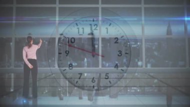 Veri işleme, iş kadını ve kronometreyle istatistiklerin animasyonu. küresel iş ve üretkenlik kavramı dijital olarak üretilen video.