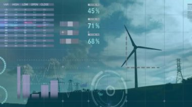 Rüzgar türbini üzerinde istatistik ve veri işleme animasyonu. küresel ısınma, iklim değişikliği ve sürdürülebilirlik kavramı dijital olarak oluşturulmuş video.
