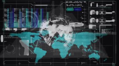 Dünya haritası üzerinde istatistik ve veri işleme animasyonları. küresel iş, veri işleme, dijital arayüz ve bağlantılar konsepti dijital olarak oluşturulmuş video.