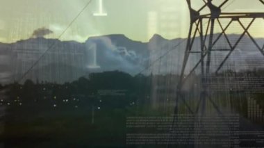 Elektrik direkleri üzerinde veri işleme ve ikili kodlama animasyonu. küresel elektrik, enerji ve veri işleme kavramı dijital olarak oluşturulmuş video.