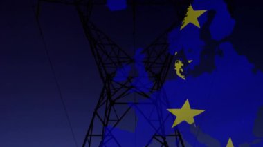 Avrupa Birliği bayrağı ve elektrik direğinin üzerindeki Avrupa haritasının animasyonu. Avrupa Birliği enerji ve ekonomi kavramı dijital olarak üretilen video.