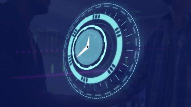 Saatin animasyonu mavi arka planda iş adamının el sıkışması üzerinde ileri gidiyor. küresel iş ve üretkenlik kavramı dijital olarak üretilen video.