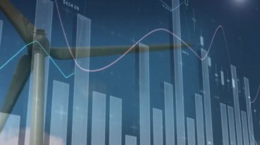 Rüzgâr türbininin üzerindeki istatistiklerin canlandırması. küresel ısınma, iklim değişikliği, sürdürülebilirlik, rüzgar enerjisi ve veri işleme kavramı dijital olarak oluşturulmuş video.
