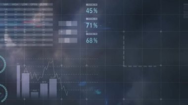 Gökyüzünde bulutlarla işlenen istatistiklerin animasyonu. küresel veri işleme ve dijital arayüz konsepti dijital olarak oluşturulmuş video.