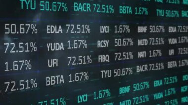 Bulutların ve gökyüzünün üzerinde işlenen finansal verilerin animasyonu. küresel veri işleme ve dijital arayüz konsepti dijital olarak oluşturulmuş video.