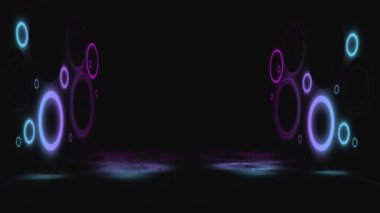 Siyah arkaplanda parlayan mavi, mor ve pembe neon halkaların animasyonu. soyut, ışık ve renk arkaplan kavramı dijital olarak oluşturulmuş video.