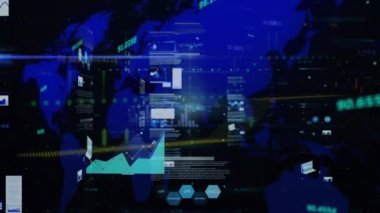 Dünya haritası üzerinde istatistik ve veri işleme animasyonları. küresel iş, veri işleme, dijital arayüz ve bağlantılar konsepti dijital olarak oluşturulmuş video.