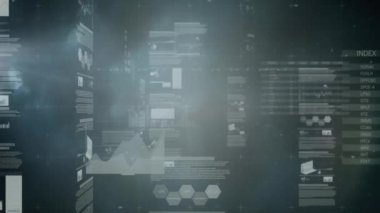 Bulutların ve gökyüzünün üzerinde işlenen istatistiklerin animasyonu. küresel veri işleme ve dijital arayüz konsepti dijital olarak oluşturulmuş video.