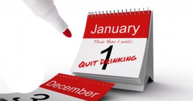 Dur işareti ve içkinin canlandırması, kalemle ve 1 Ocak 'ta kırmızı metinle içmeyi bırak. kuru ocak, alkol farkındalığı kampanyası ve dijital olarak üretilen yeni yıl sağlık konsepti.