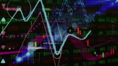 Dünya haritası üzerinde istatistik ve veri işleme animasyonları. küresel iş, veri işleme, dijital arayüz ve bağlantılar konsepti dijital olarak oluşturulmuş video.