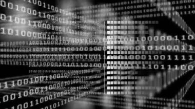 İkili kodlama üzerine veri işleme animasyonu. küresel veri işleme ve dijital arayüz konsepti dijital olarak oluşturulmuş video.