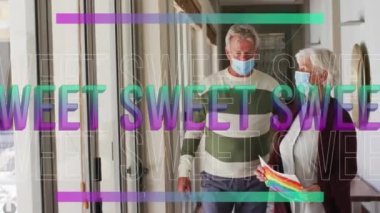 Pencereden el sallayan beyaz yüzlü yaşlı çift yerine mor renkli metnin animasyonu. covid pandemik konsept dijital olarak oluşturulan video sırasında emeklilik yaşam tarzı ve arkadaşlık