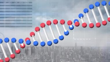 Kentin üzerinde DNA iplikçiklerinin dönmesi, istatistik ve veri işleme animasyonları. küresel bilim, araştırma, bağlantılar ve dijital olarak oluşturulan veri işleme konsepti.