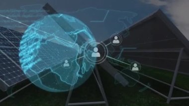 Güneş panelleri üzerinde ağ ve insan simgeleri olan dünyanın animasyonu. küresel ısınma, iklim değişikliği, güneş enerjisi ve sürdürülebilirlik kavramı dijital olarak oluşturulmuş video.