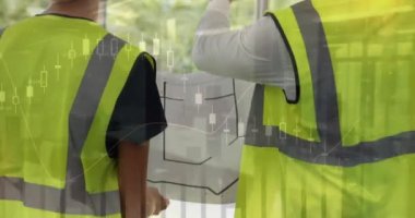 İnşaat alanındaki erkek ve kadın mimarların istatistiklerinin incelenmesi. iş, geliştirme ve üretkenlik kavramı dijital olarak oluşturulmuş video.