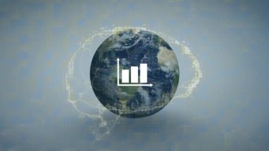 İstatistik işleme ve dünya üzerinde dönen insan beyninin animasyonu. küresel veri işleme ve dijital arayüz konsepti dijital olarak oluşturulmuş video.