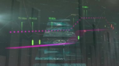 Dünya haritası üzerinde istatistik ve veri işleme animasyonları. küresel veri işleme, dijital arayüz ve bağlantılar konsepti dijital olarak oluşturulmuş video.