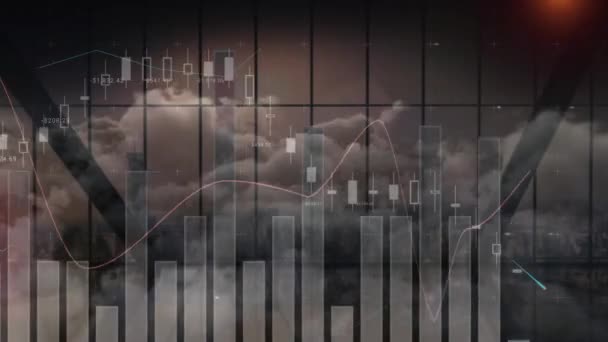 Animación Estadísticas Procesando Sobre Cielo Con Nubes Procesamiento Datos Global — Vídeo de stock