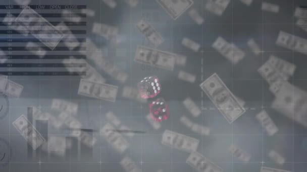 Animation Financial Data Processing Two Dice American Dollar Bills Background — Stock Video