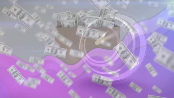 紫色の波のアニメーション米ドル紙幣と時計がカチカチと音を立てる グローバルビジネスデジタルデータ処理と時間概念デジタル生成ビデオ — ストック動画