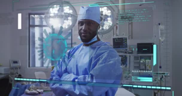 Animatie Van Covid Cel Gegevens Mannelijke Afrikaanse Amerikaanse Chirurg Het — Stockvideo