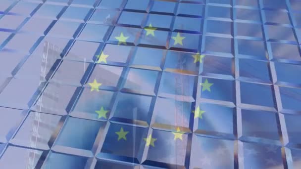 高層ビルを建設する欧州連合と高速運動クレーンの旗の上にグリッドのアニメーション 欧州連合 ビジネス 建設の概念がデジタルで生成されたビデオ — ストック動画