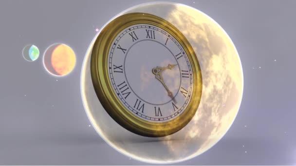 太阳系 行星和空间在时钟定时器上的动画 全球空间 环境和时间概念数字生成视频 — 图库视频影像