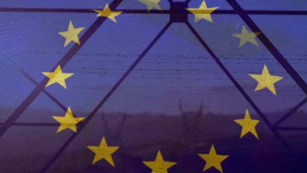 Animation European Union Flag Electricity Pylons Field Sunset European Union — Stock Video