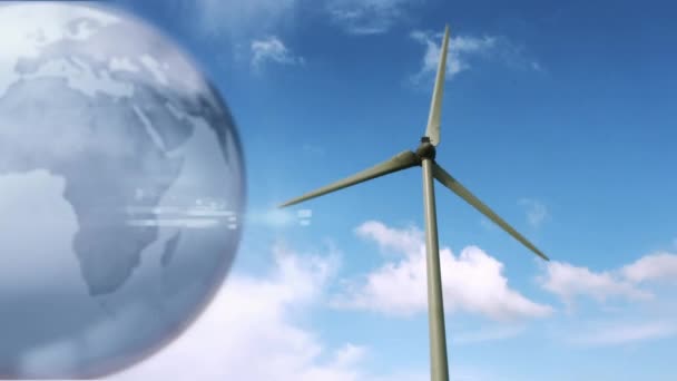 田舎の風力タービンの上の地球のアニメーション 地球温暖化気候変動風力エネルギー持続可能性の概念デジタルで生成されたビデオ — ストック動画
