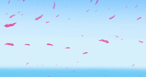 青空に落ちるピンク色の鳥の羽のアニメーション 鳥の日 鳥類学 野生動物 養鶏の概念をデジタルで生成したビデオ — ストック動画