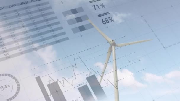 Animação Processamento Estatísticas Sobre Turbinas Eólicas Conceito Aquecimento Global Alterações — Vídeo de Stock